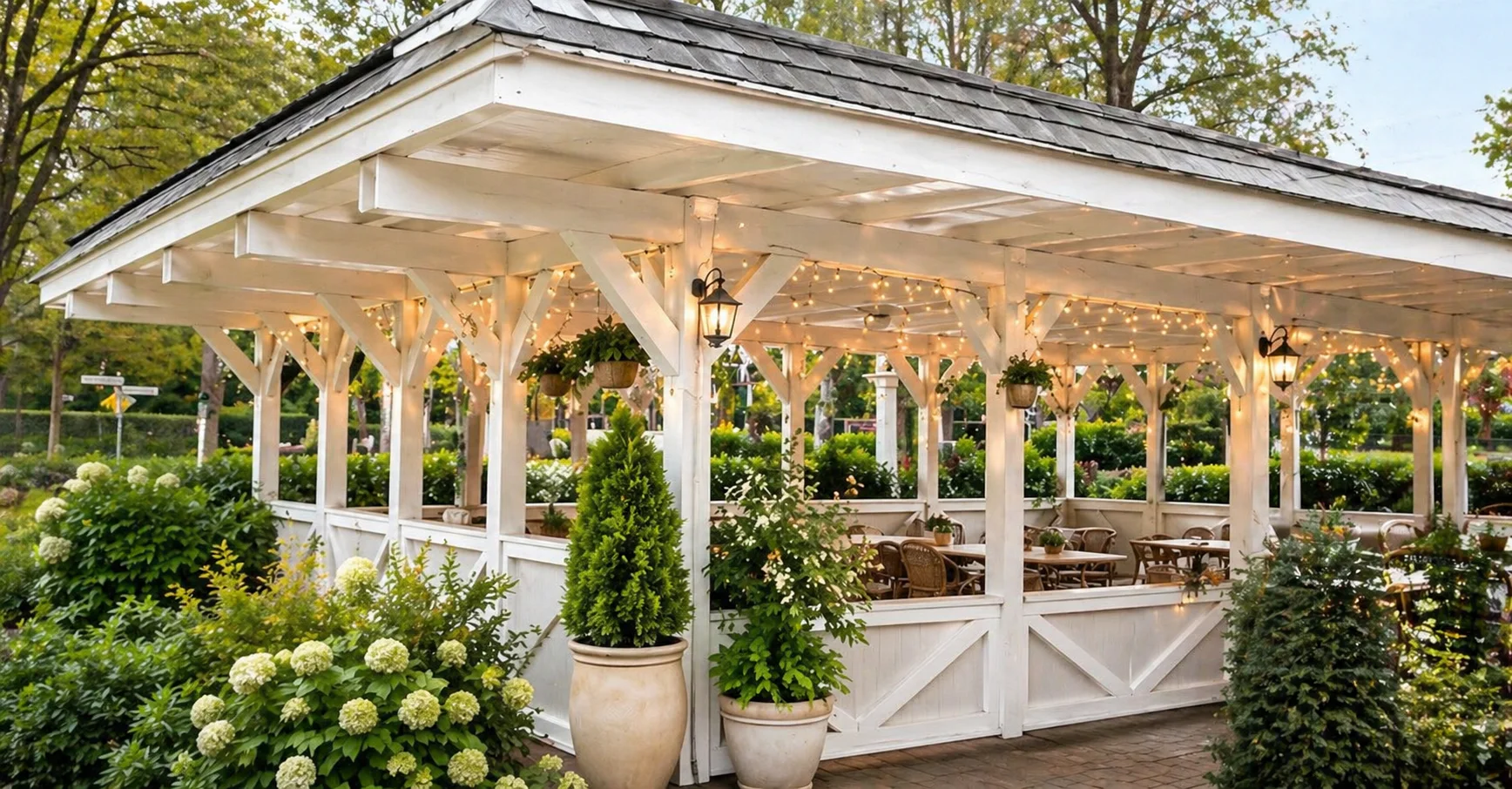 Heller Außenbereich des Pavillon Restaurants
