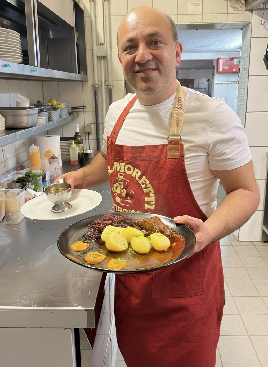 Manager und Inhaber des Pavillon mit einem frisch zubereiteten Gericht