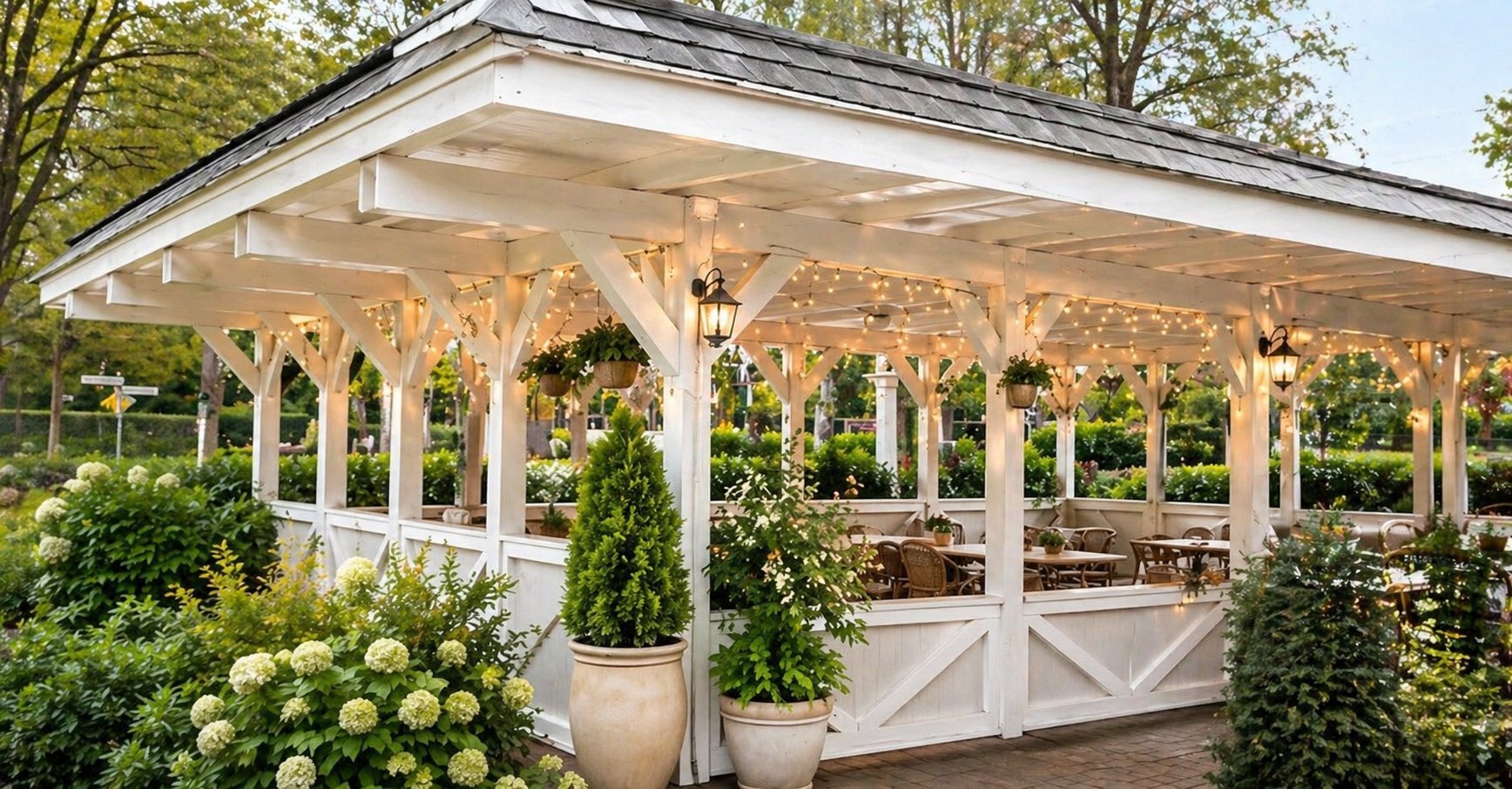 Elegant white pergola with string lights and ivy-covered columns surrounded by potted plants and hydrangea flowers in a garden setting
