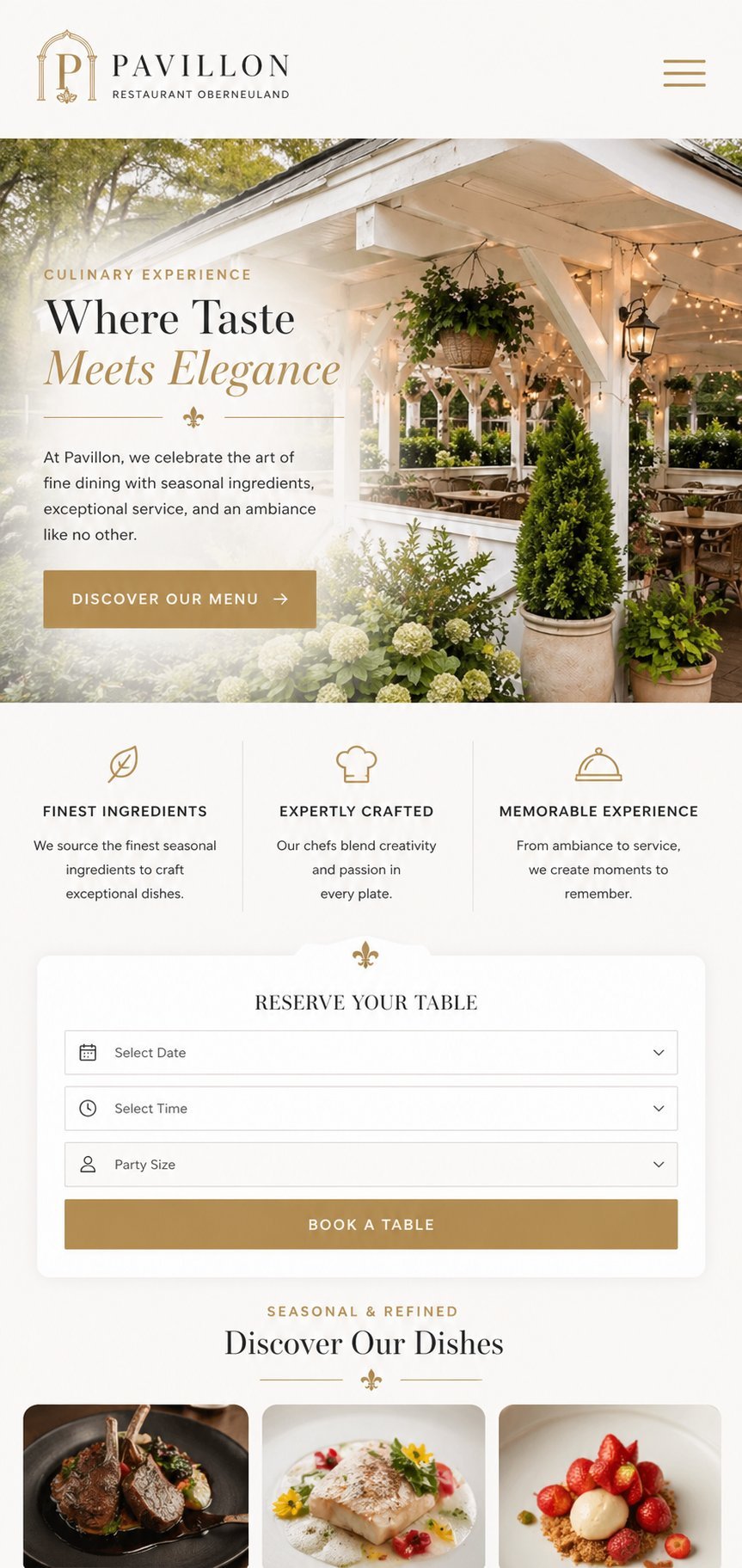 Pavillon fine dining restaurant website featuring elegant patio entrance with hanging plants