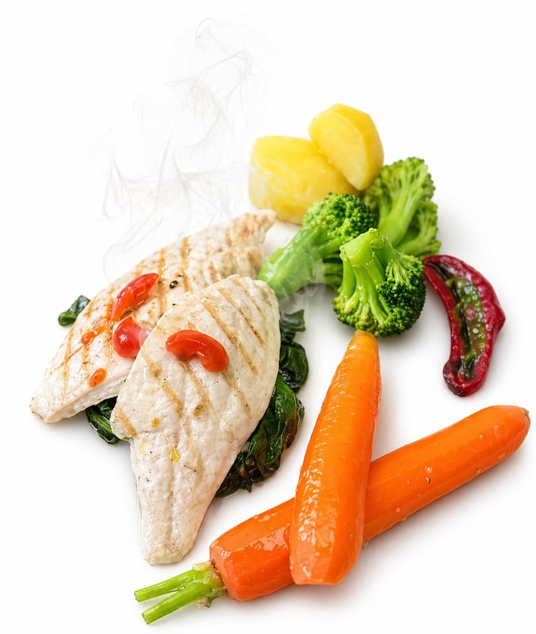 Grilled fish fillet with fresh vegetables including broccoli, carrots, potatoes, red peppers, and leafy greens arranged on white background